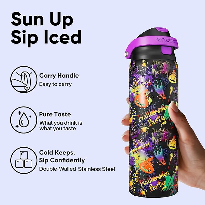 Encool SwiftSip Insulated Stainless Steel Water Bottle with Straw - Leak Proof Sports Water Bottle for School, Travel, Keeps Cold All Day, One-Touch Flip Lid, BPA-Free, 32 oz, Ghost Party ENCOOL