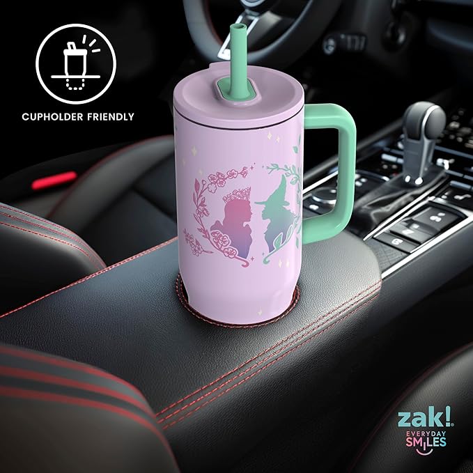 Zak Designs Wicked: For Good Sutton Travel Tumbler for On the Go, 30oz Stainless Steel with Vacuum Insulation, Silicone Straw, and Carry Handle for Cold Drinks (Glinda and Elphaba) - Bloomnest