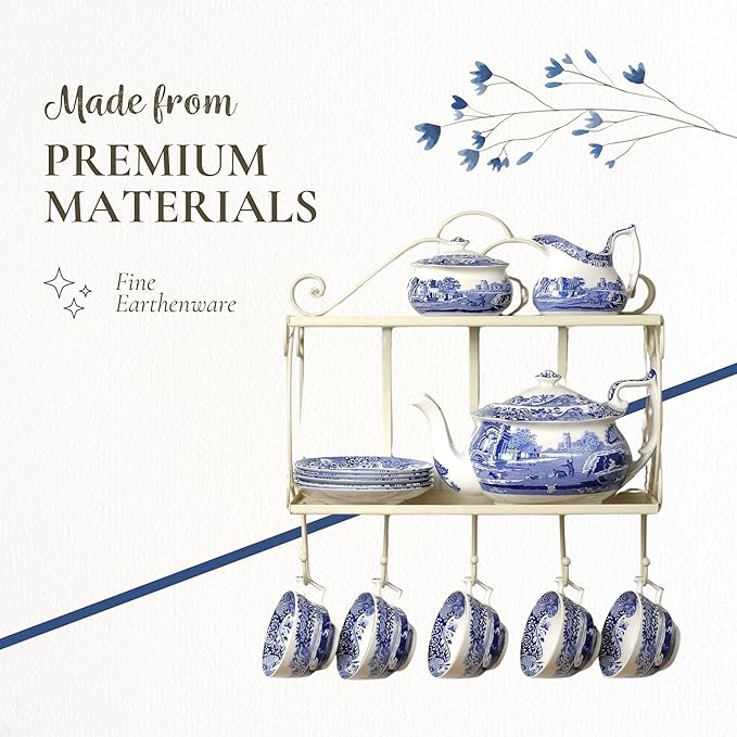 Spode Blue Italian Teapot with Infuser - 40 oz Countryside-Inspired Ceramic Teaware for Afternoon Tea, Earthenware Brunch Tableware, Vintage-Inspired Tea Party Hosting - Bloomnest