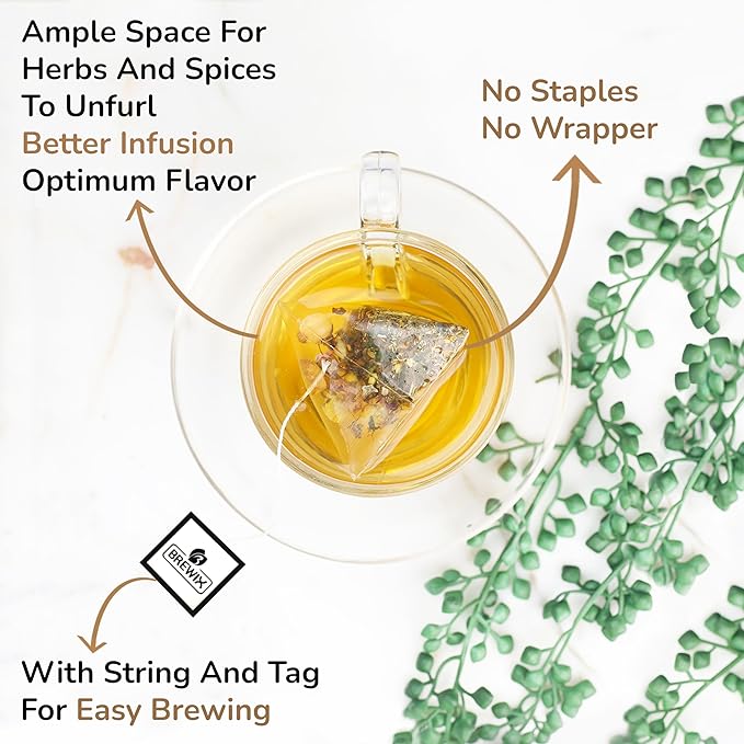 BREWIX Holy Basil Tea Bags (15 Pyramid Tea Bags) | Tee With Tulsi Leaves and Chamomile | Caffeine Free, Calming Herbal Tea With Fresh and Cool Flavor - Bloomnest