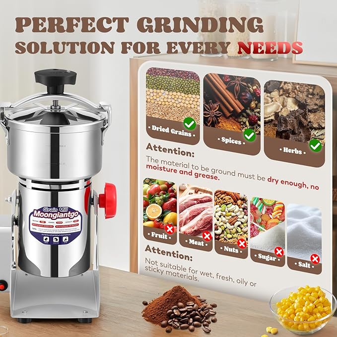 Moongiantgo Upgraded Spiral Seal Grain Mill Grinder Electric 800g 2500W High Speed Spice Grinder Pulverizer Dry Grinding Machine for Dry Cereal Bean Corn Wheat Herbs, with 4 Set Blades (800g, 110V) - Bloomnest