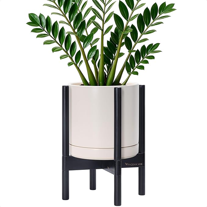 D'vine Dev Ceramic Planter with Ebony Stand - 10 Inch Modern Round Flower Pot with Wood Planter Holder, Oatmeal, 55-B-L-8 - Bloomnest