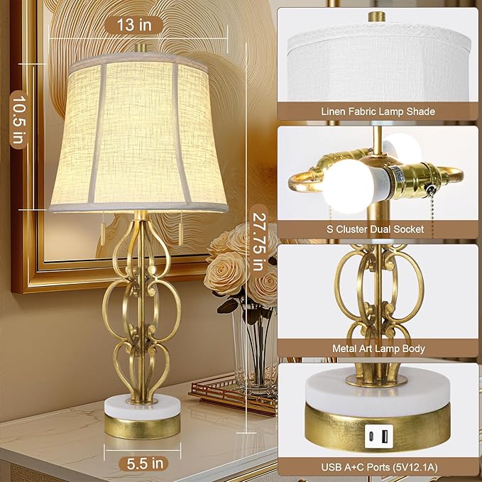 Scenekoy 27.75” Iron Art Table Lamp Set of 2 for Bedroom Living Room, Gold Leaf Night Stand Bedside Lamps with USB Ports, Pull Chains Modern Nightstand Lamp Line Shade for Home Decor (Bulbs Included) - Bloomnest