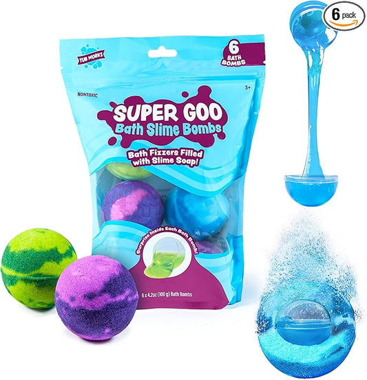 Tub Works Super Goo Bath Slime 'Surprise' Bombs, 6 Pack | Kids Bath Bombs With Surprise Inside | Nontoxic | Stretchy, Squishy Slime Soap | Sensory Fun for Kids - Bloomnest