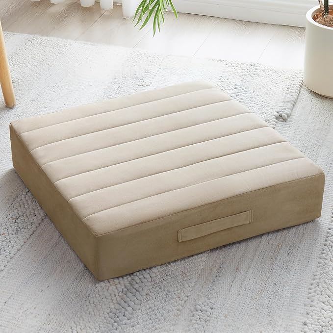 22 inches Floor Pillow for Adults - Large Meditation Cushion with Thick Foam & Soft Tufted Cover - Premium Outdoor Square Floor Cushion Seat - Yoga Pillows for Sitting On Floor - Khaki - Bloomnest