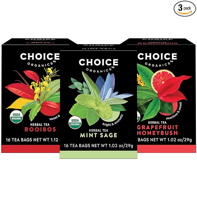 Choice Organic Teas - Herbal Tea Variety Pack Sampler - Includes Rooibos, Grapefruit Honeybush, and Mint Sage Organic Teas - 48 Tea Bags (Pack of 3) - Bloomnest