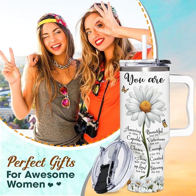 Christian Daisy Gifts for Women - Inspirational Faith Tumbler With Handle & Straw - 40Oz, Daisy Theme - Birthday, Mothers Day, Christmas - Bloomnest