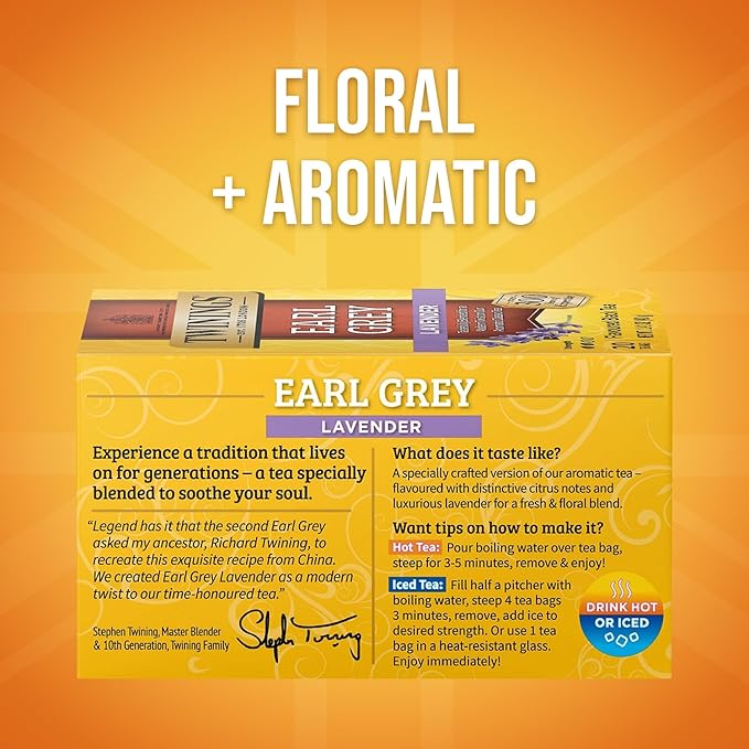 Twinings Earl Grey Lavender Black Tea Individually Wrapped Bags, 20 Count (Pack of 1), Citrus, Bergamot & Floral, Caffeinated, Enjoy Hot or Iced, 20 Teabags - Bloomnest