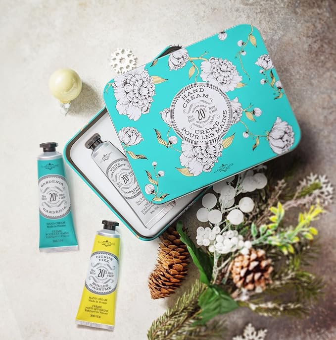 La Chatelaine Hand Cream Trio Tin Gift Set, Natural Hand Lotion, Made in France with 20% Organic Shea Butter, Moisturizing (Gardenia, White Grapefruit, Citrus Fizz) 3 x 1 fl. - Bloomnest