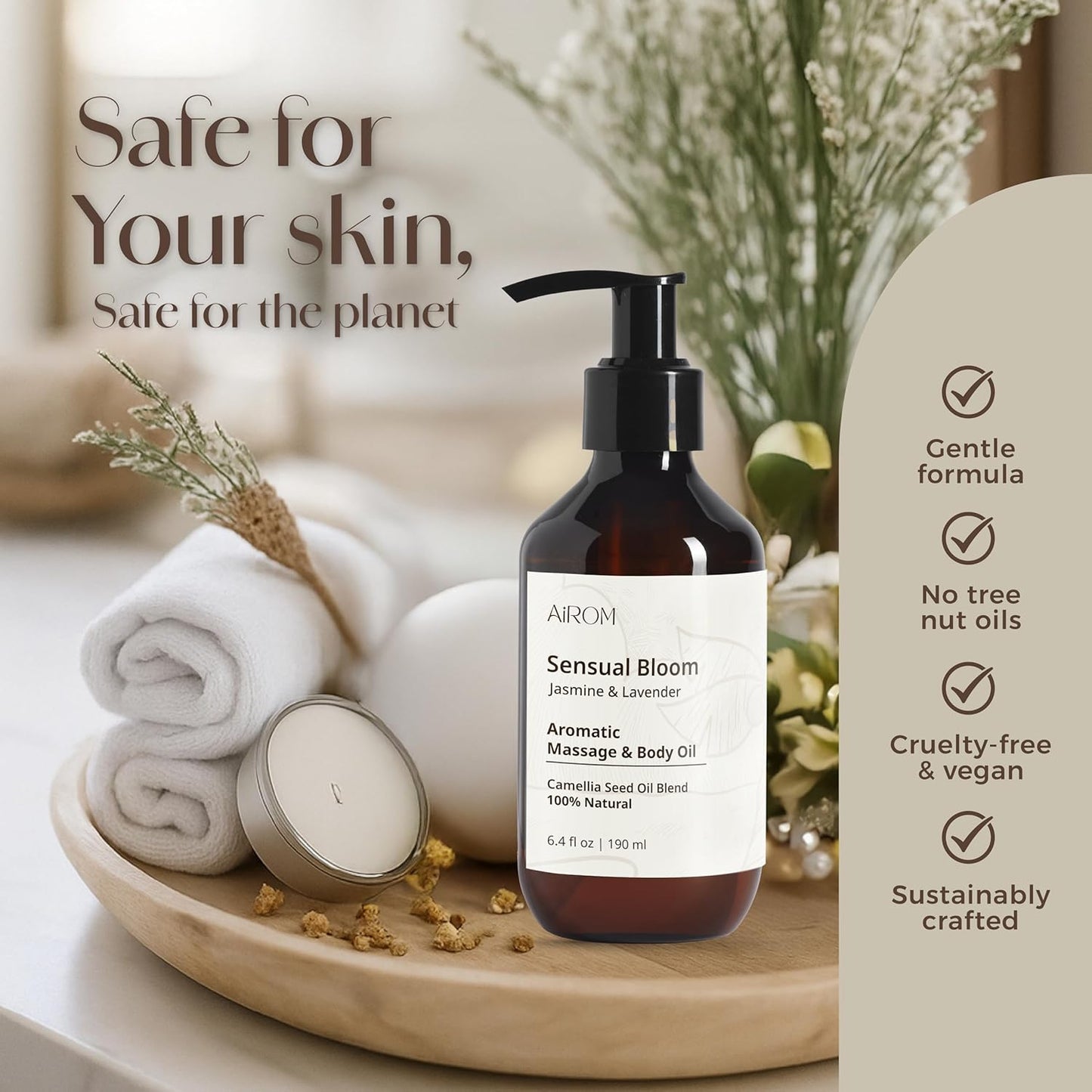 AiROM Jasmine & Lavender Massage Oil for Massage Therapy - Scented Body Oil for Women – Hypoallergenic, Relaxing Aromatherapy, Non-Greasy, Spa Quality - Gift for Her, Spa Gift - 6.4 fl oz