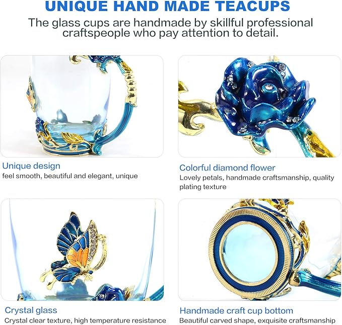 330ML Enamel Tea Cup Glass Coffee Mug Handmade Rose Flower Tea Mug for Father's Day,Mother's Day,Valentine’s Day, Birthday, Christmas Gift with Stainless Steel Spoon Set