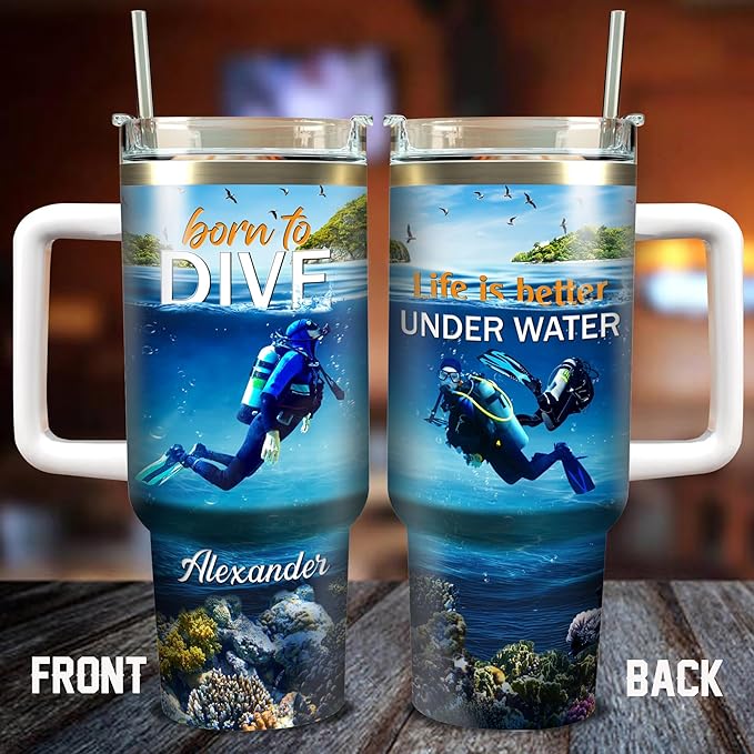 WAZONE Personalized Scuba Diving Coffee Tumbler 40oz with Handle and Straw Customized Name Insulated Travel Cup Tumblers Gifts for Diver Divers Men Women Husband On Birthday Christmas - Bloomnest