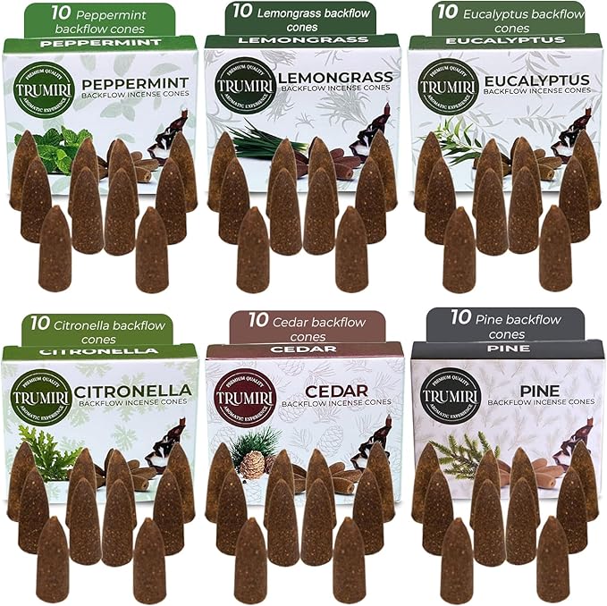 Leafy - Backflow Incense Cones for Waterfall - Scented Inscents-Cones - Peppermint, Citronella, Pine, Cedar, Eucalyptus, Lemongrass - Insiensos Aromaticos - 6x10=60 Large Variety Pack TRUMIRI
