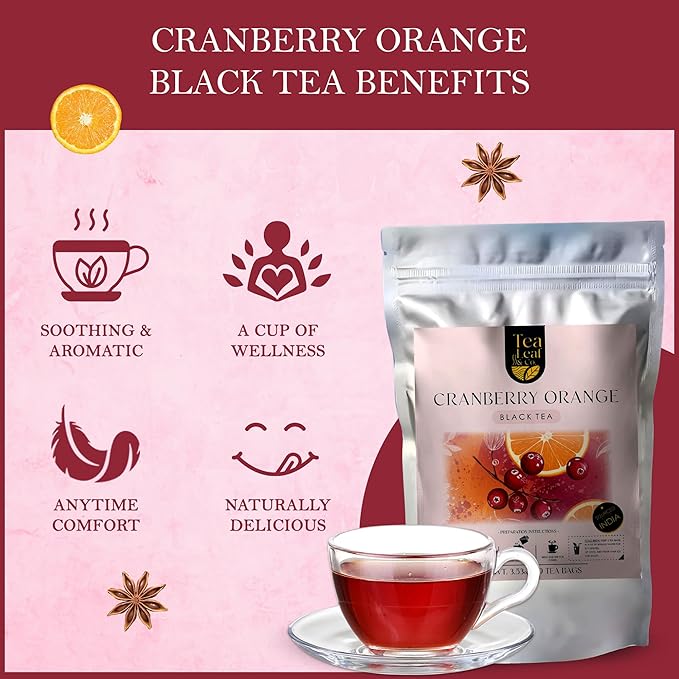 Tealeaf & Co. Cranberry Orange Black Tea Bags Blended with Fresh Herbs and Spices - Organic Black Tea Bags with Orange Peel, Star Anise & Hibiscus - Low Caffeine - Gluten Free - 50 Teabags - Bloomnest
