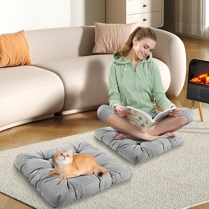 Meditation Floor Cushions Set of 2, Thickened Floor Pillow for Adults, Large Square Pillows Seat Cushion for Tatami Living Room Yoga, Memory Sponge Block Added, 22x22 Inch, Grey - Bloomnest