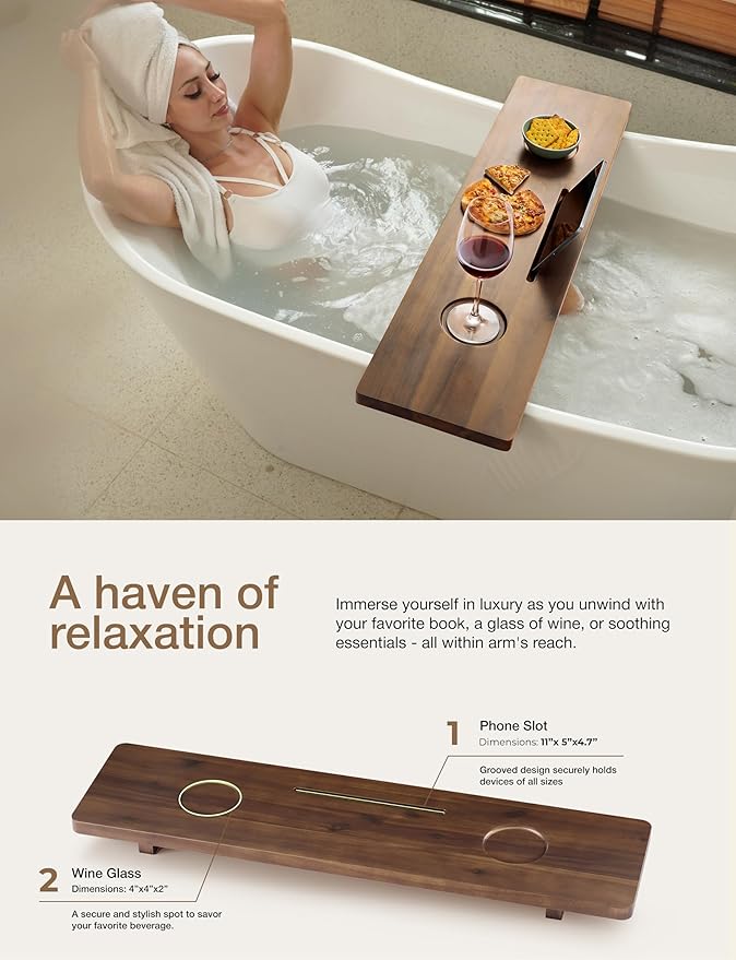 Tinamo 35”L Wooden Bathtub Tray, Bathtub Caddy Tray For Tub with Tablet Slot & Wine Holder - Acacia Bath Tray For Tub, Bath Table - Bathtub Tray Table with Adjustable Legs (Walnut color, 35"x 9"x2.5") - Bloomnest