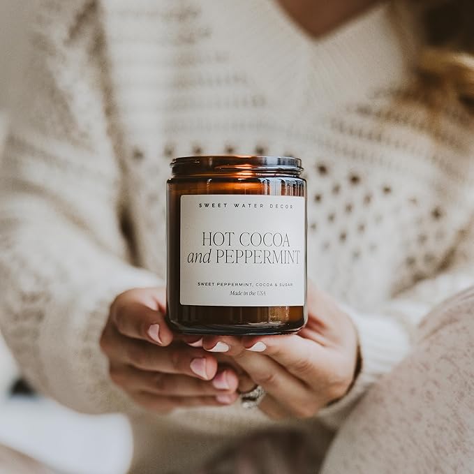 Sweet Water Decor Hot Cocoa and Peppermint Soy Candle | Chocolate, Peppermint, and Vanilla Holiday Scented Candles for Home | 9oz Amber Jar Candle with Black Lid, 40+ Hour Burn Time, Made in The USA - Bloomnest