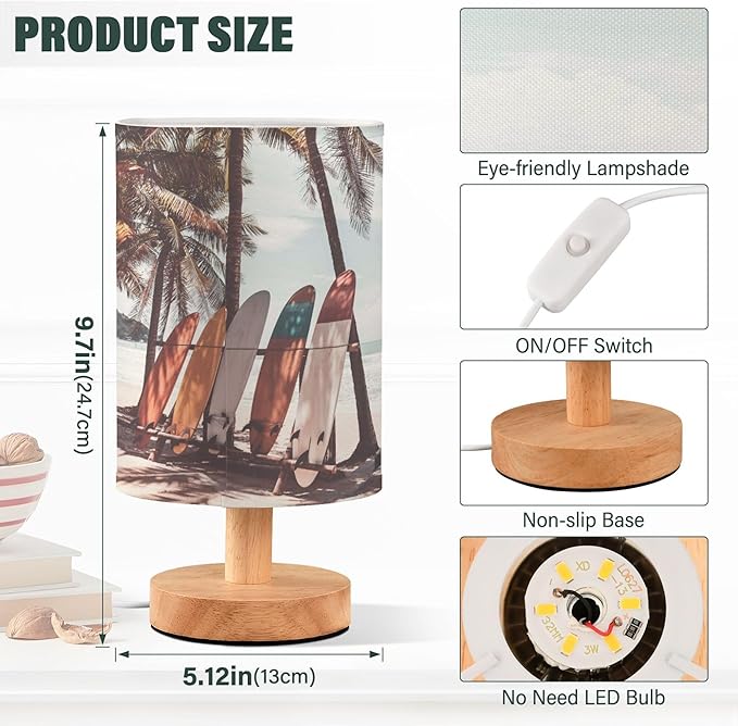 Table Lamp Surfboard Palm Tree on Tropical Beach Retro Summer Ocean Nightstand Lamp with Wood Base Fabric Lamp Shade Bedside Desk Lamp for Living Room Bedroom Kids Room Office - Bloomnest