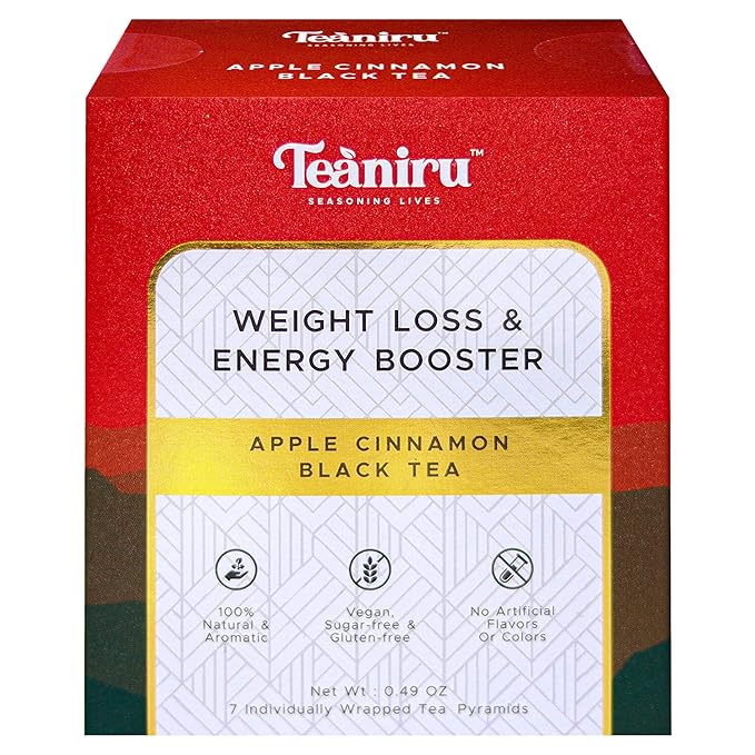 Teaniru Apple Cinnamon Tea - Pure Leaf | 7 Pyramid Tea Bags in Individual Sachets | Energy Tea - Low Caffeine | Flavored Black Tea - Brew Hot or Cold | Tea Sampler - Bloomnest