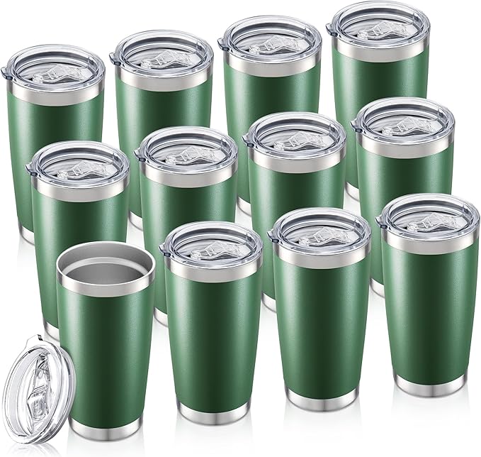 20 oz Tumbler Bulk with Lid Stainless Steel Insulated Tumblers Double Wall Vacuum Coffee Mug Powder Coated Tumbler Cups for Cold and Hot Drinks, Dark Green, 12 pack