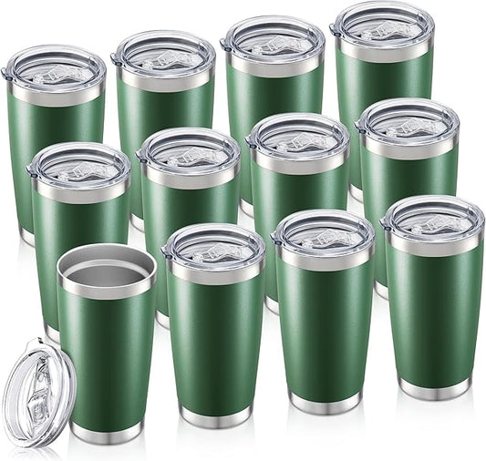 20 oz Tumbler Bulk with Lid Stainless Steel Insulated Tumblers Double Wall Vacuum Coffee Mug Powder Coated Tumbler Cups for Cold and Hot Drinks, Dark Green, 12 pack