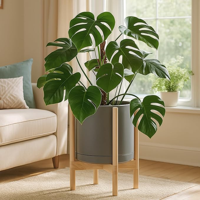 D'vine Dev Ceramic Planter with Natural Stand - 12 Inch Modern Round Flower Pot with Wood Planter Holder, Grey, 55-B-J-3 - Bloomnest