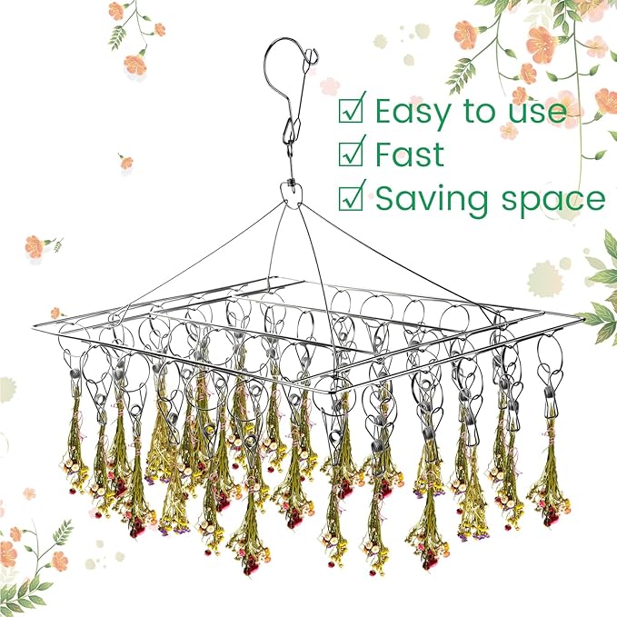 6 Pcs Herb Drying Rack Hanging - Stainless Steel with Clips Clothes Laundry Drying Rack Hanger Collapsible for Plants Bud Weed Onion Macrame Flower Spices(Square) - Bloomnest
