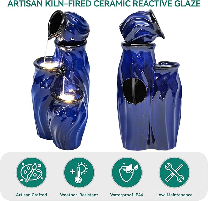 29" Tall Ceramic Water Fountain Outdoor with LED Lights, 4-Tier Cascading Waterfall Garden Fountain, Ideal for Serene Relaxing Patio, Yard or Porch, Cobalt Blue Glaze, Dynamic Wave-Texture - Bloomnest