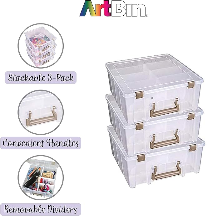 ArtBin 6990ZZ Super Satchel Double Deep 3-Pack, Portable Art & Craft Organizers with Handles, [3] Plastic Storage Cases, Clear & Gold - Bloomnest