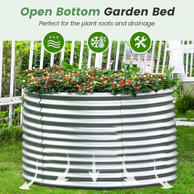 Land Guard 4×4×3ft Galvanized Raised Garden Bed Kit, Round Galvanized Planter Raised Garden Boxes Outdoor, Large Metal Raised Garden Beds for Vegetables, Silver - Bloomnest