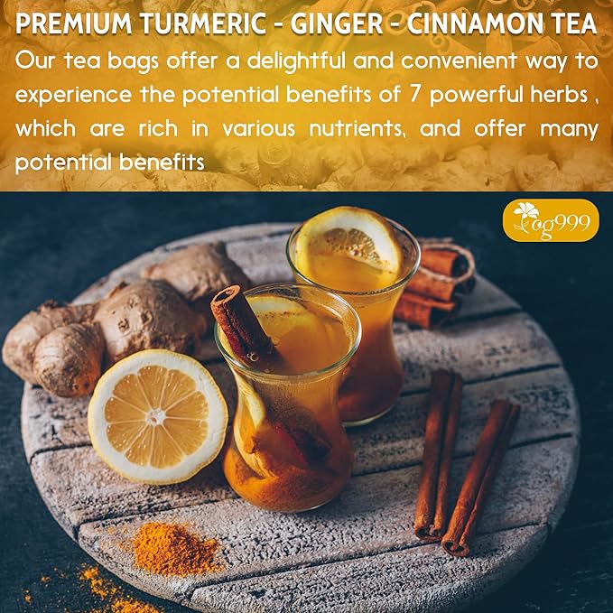 TOG999, 60 Bags Premium Turmeric Ginger Cinnamon Tea. Upgraded Version. Improve Digestion, Support Brain, Weight, Skin and Sleep. Eco-Conscious Tea Bags. No Sugar, No Caffeine, No Gluten, Vegan. - Bloomnest