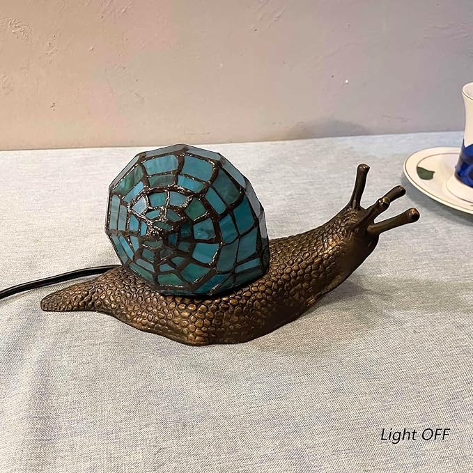 Bieye L10975 Land Snail Tiffany Style Stained Glass Accent Table Lamp for Home Decoration (Cyan, 10" D x 5" W x 5" H) - Bloomnest