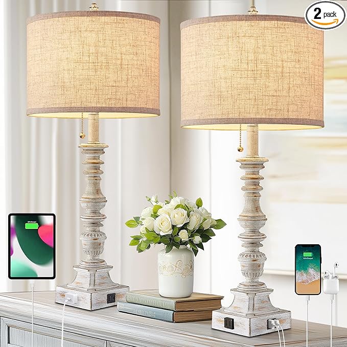 Set of 2 Farmhouse Table Lamps for Living Room, 29.5" Inch Tall Rustic Bedrooms Nightstand Table Lamp with USB-C & USB-A Charging + AC Outlet, Pull Chain Bedside Lamp for End Table, Antique White - Bloomnest