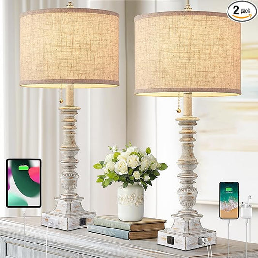 Set of 2 Farmhouse Table Lamps for Living Room, 29.5" Inch Tall Rustic Bedrooms Nightstand Table Lamp with USB-C & USB-A Charging + AC Outlet, Pull Chain Bedside Lamp for End Table, Antique White - Bloomnest