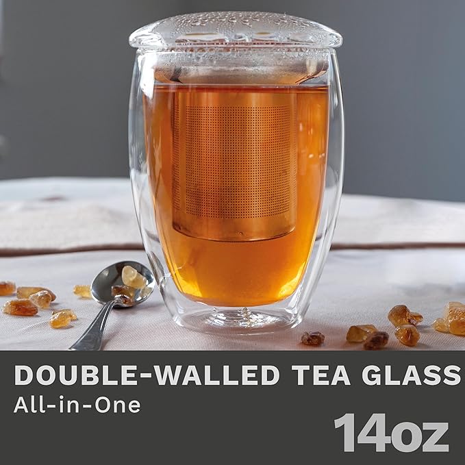 Creano Double Walled Tea Glass with Stainless Steel Filter and Glass Lid - 14oz (400ml) - Bloomnest