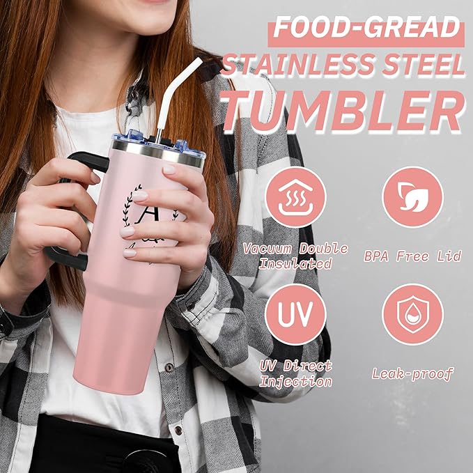 Personalized Tumbler with Handle and Straw Lid, Custom 40 Oz Cup with Name for Women, Customized Stainless Steel Travel Coffee Tumbler, Personalized Gifts for Birthday Christmas Anniversary - Bloomnest