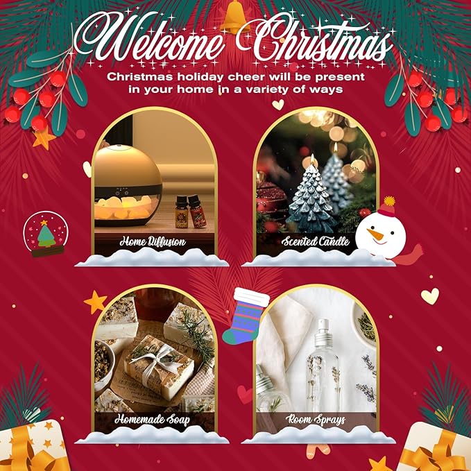 SALUBRITO Christmas Fragrance Oils Set, Winter Essential Oils for Diffuser, Candle Making, Scented Oils Gift - Candy Cane, Christmas Tree, Christmas Pudding, Apple Cinnamon, Gingerbread, Mistletoe - Bloomnest