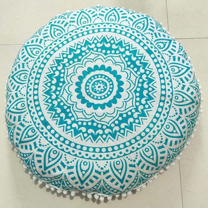 INDIAN CRAFT CASTLE 24" Green Ombre Mandala Barmeri Large Floor Pillow Cover Cushion Meditation Seating Ottoman Throw Cover Hippie Decorative Zipped Bohemian Pouf Ottoman Pom Pom Cases 24" Round - Bloomnest