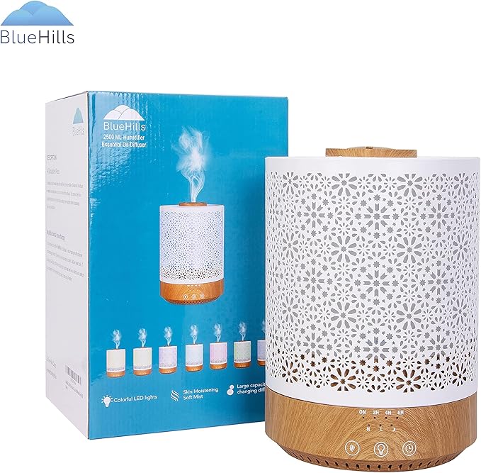 BlueHills 2500 ML Humidifier with Essential Oil Diffuser Combo Aroma Home Décor Design for Large Bed Bath Kids Baby Living Rooms Big Capacity LED Lights Scent Ultrasonic Cool Mist Wood Grain F006 - Bloomnest