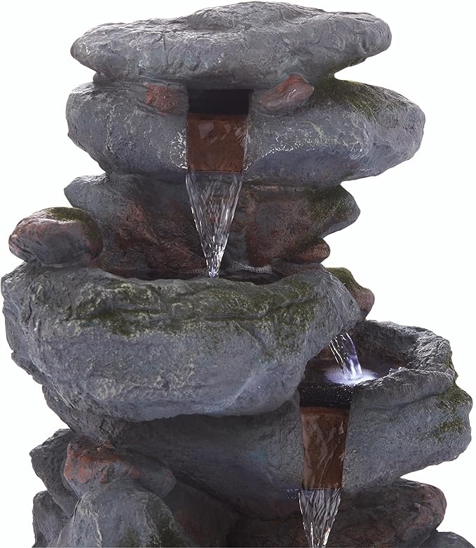 Alpine Corporation | 22"H Outdoor 3-Tier Rock Waterfall Fountain with LED Lights — Natural Stone Look for Garden, Patio, Yard & Porch Décor (Gray) - Bloomnest