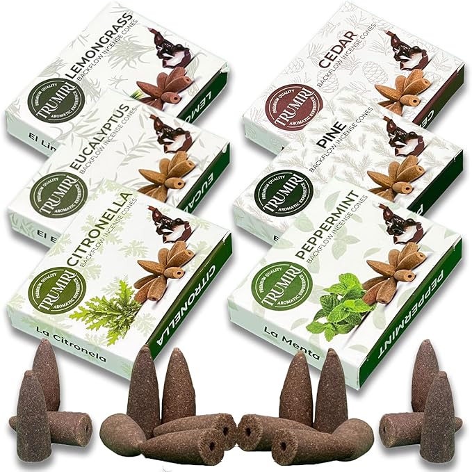 Leafy - Backflow Incense Cones for Waterfall - Scented Inscents-Cones - Peppermint, Citronella, Pine, Cedar, Eucalyptus, Lemongrass - Insiensos Aromaticos - 6x10=60 Large Variety Pack TRUMIRI