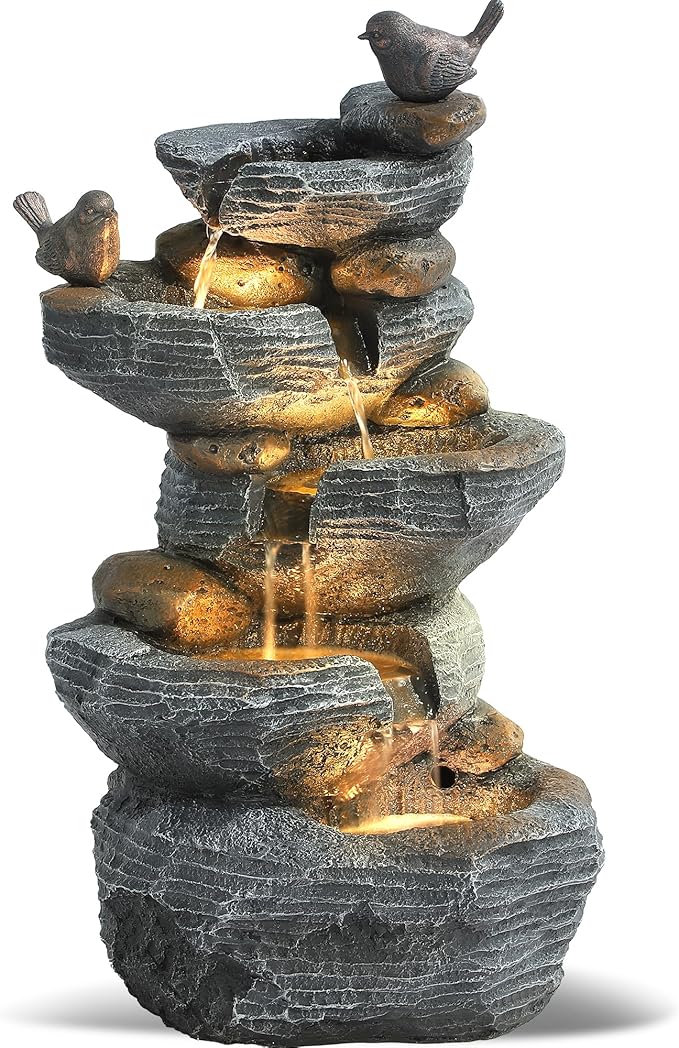 Grepatio Outdoor Water Fountain 5 Tier Cascading Rock Waterfalls Fountains with 4 LED Lights and Pump Indoor/Outdoor Modern Floor Standing Garden Water Fountain for Yard, Patio, House Decor - Bloomnest