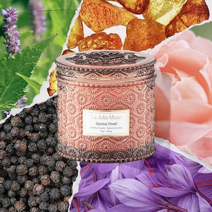 LA JOLIE MUSE Santal Rosé Candle - Saffron, Rose, Patchouli | 12 oz Large 2-Wick Soy Wax Candle | 60 Hours Clean Burn | Gift-Ready for Hosts & Gatherings | Elegant Home Décor - Bloomnest