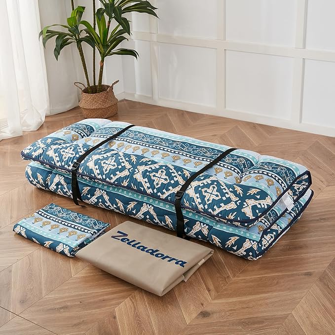 Japanese Floor Mattress, Futon Mattress with Portable Storage Bag and Washable Cover, Roll Up Thick Tatami Mat Suitable for Camping, Guest Room (Blue Striped Jacquard, Twin) - Bloomnest