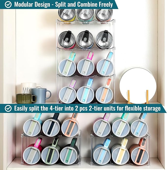 Design for Stanley 40 OZ & Large Bottles & Tumblers with Handle, Acrylic Water Bottle Organizer - Stackable Clear Wine Rack, Cup Holder for Home Kitchen Pantry Shelf Countertop Cabinet, 4 Tier Hold 12 MakeLifeBetterEasier
