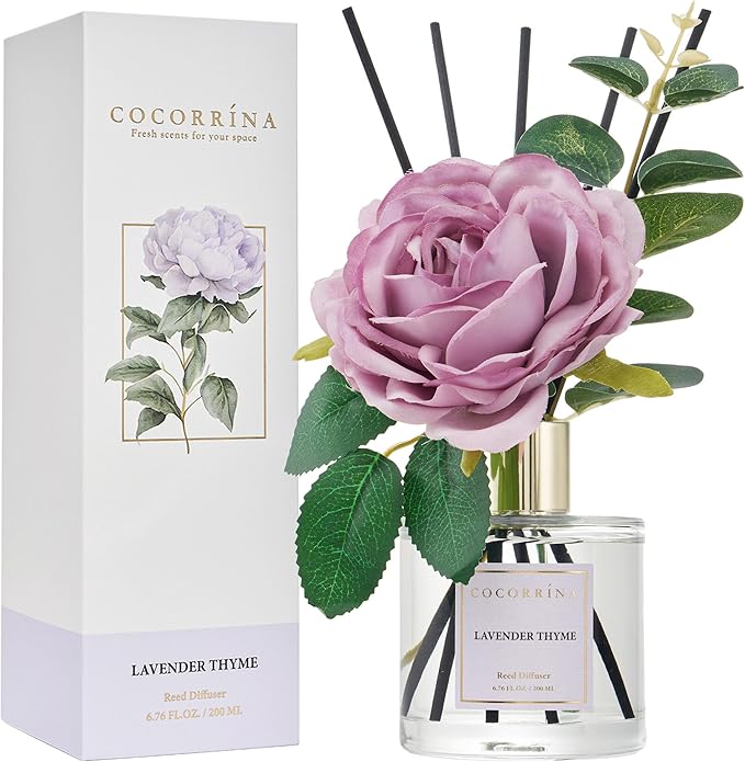 Cocorrína Flower Reed Diffuser - Lavender Thyme 6.7oz Scented Diffuser with Sticks Home Fragrance Essential Oil for Bathroom Shelf Decor (Artificial Flower) - Bloomnest
