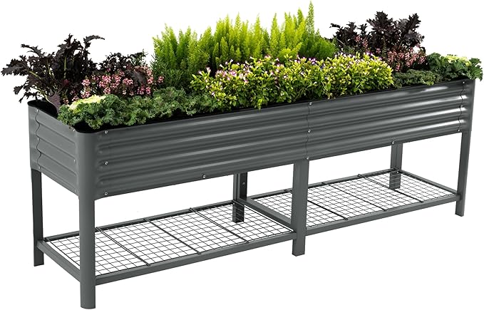 Elevated Raised Garden Bed-V Series, 2' x 8' Garden Beds with Legs & Storage Rack for Patio Porch, 1400 Lbs Weight Capacity, Outdoor Planter Boxes for Gardening Herbs Vegetables Flowers, Modern Gray - Bloomnest