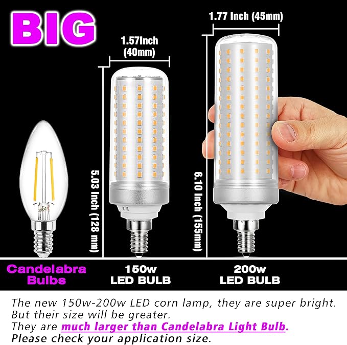 Big Size 1.77x 6.1 inch, E12 200w LED Candelabra Bulbs C7 Replacement,2700K Warm White,3000 Lumen T6 E12 20W LED Chandelier Light Bulbs for Ceiling Fan Pendant Lighting Floor Lamp,Non-dimmable,3 Pack - Bloomnest
