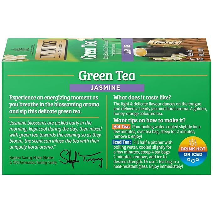 Twinings Green Tea with Jasmine Individually Wrapped Bags, 20 Count (Pack of 1), Fragrant Floral Scent, Caffeinated, Enjoy Hot or Iced, 20 Teabags - Bloomnest