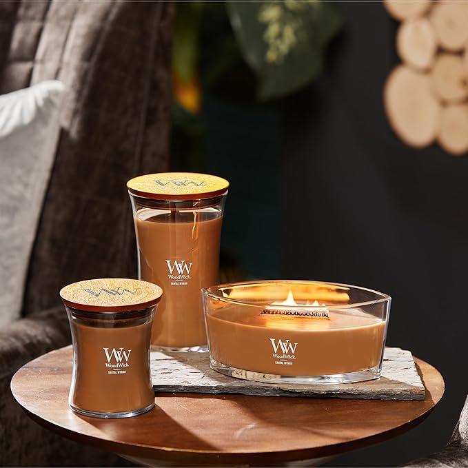 WoodWick Medium Hourglass Candle Santal Myrrh - Premium Soy Blend Wax Pluswick Innovation Wood Wick Made in USA - Bloomnest